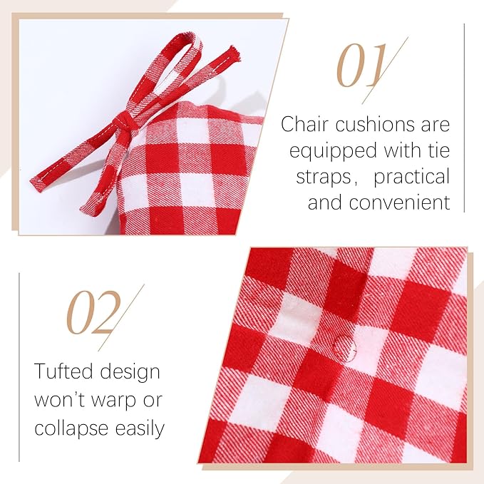 Geetery 4 Pack Chair Cushions for Dining Chairs, 16" x 15" Red and White Kitchen Chair Cushions with Ties Buffalo Plaid Soft Comfy Seat Pads for Home Office Living Room Outdoor Indoor