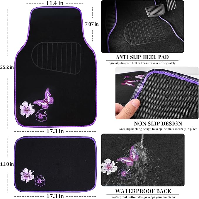 CAR PASS Embroidery Butterfly and Flower Car Floor Mats, Purple Car Floor Mats, Universal Fit 95% Automotive,SUVS,Sedan,Vans,for Women,Girly,Set of 4(Black with Purple)