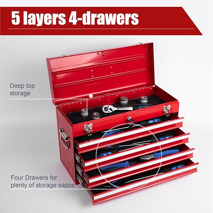 21" Portable 4 Drawer Steel Toolbox, 5 Layers of Tools with Metal Latches, with Top Storage Tray and Carrying Handle, Multi-Function Tool Chest for Garage, Home,or Workbench（red）