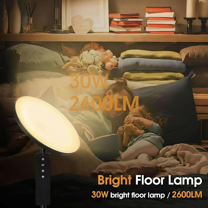 hanaking Upgraded Floor Lamp, 30W/2600LM Super Bright Floor Lamp with Remote Control, Stepless Adjust Color Temperatures and Brightness, Torchiere Standing Lamp for Living Room Bedroom Office