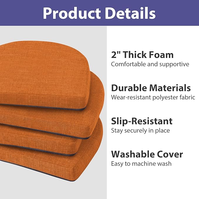 IPYNBAP Chair Cushions for Dining Chairs, Kitchen Chair Cushions, 16'' x 16'' x 2'', Non Slip Indoor Seat Cushions, Chair Pads for Dining Chairs with Ties & Removable Cover, Set of 4, Rust