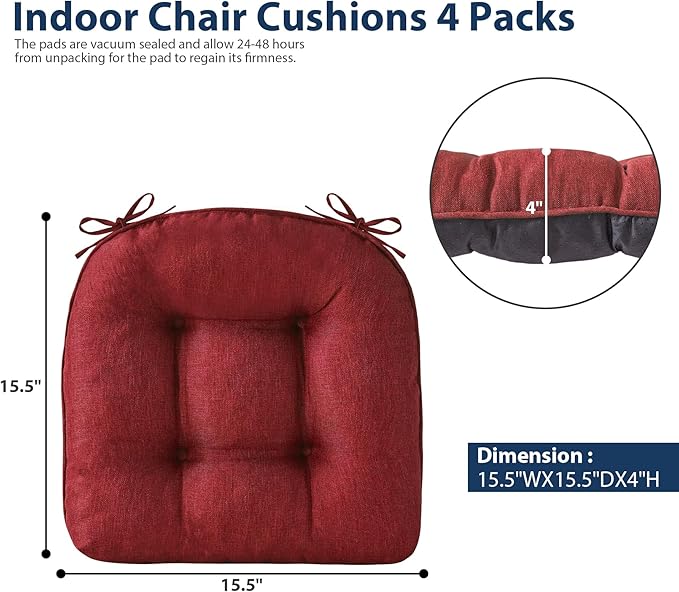 IASEAHK Chair Cushions for Dining Chairs, Seat Cushions for Kitchen Chairs, Indoor Seat Cushions with Ties, Tufted Foam Chair Pads, Non Slip Chair Cushions Set of 6, 15.5" x 15.5" x 4", Red