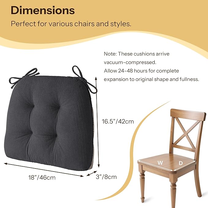 Indoor Kitchen Chair Cushions Set of 4 18"X16.5"X3" Soft Anti Slip Dining Chair Pads Tufted Kitchen Seat Cushion with Ties, Dark Grey
