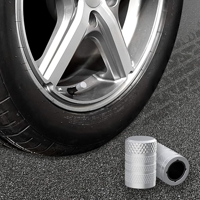 CKAuto Tire Valve Stem Caps, Silver, 4 pcs/Pack, Anodized Aluminum Tire Valve Cap Set, Corrosion Resistant, Universal Stem Covers for Cars Trucks Motorcycles SUVs and Bikes