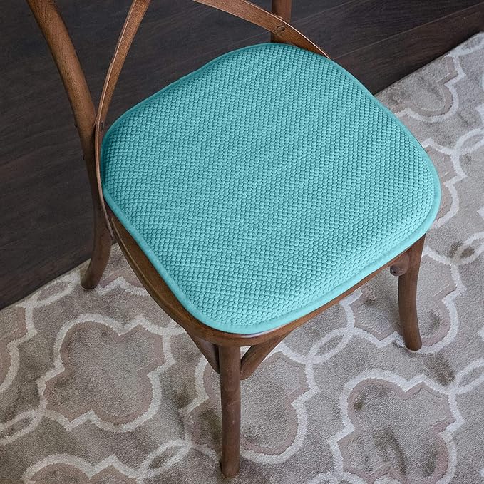 Sweet Home Collection Chair Cushion Memory Foam Pads Honeycomb Pattern Slip Non Skid Rubber Back Rounded Square 16" x 16" Seat Cover, 4 Pack, Teal