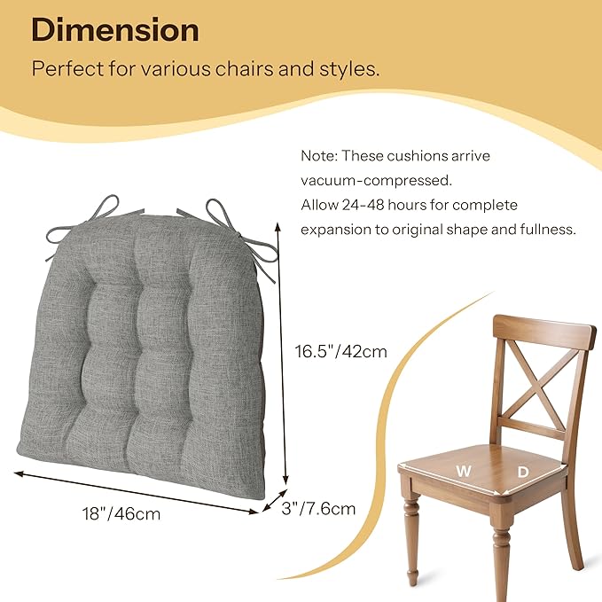 Chair Cushions for Dining Chairs Set of 2 Durable D-Shaped Seat Cushions with Non-Slip Backing Secure Ties Thick Cozy Seat Pad for Kitchen Dining Room Office(18x16.5x3in Light Grey)