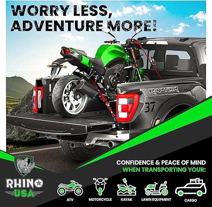 Rhino USA Retractable Ratchet Straps (4-Pack) - 1 Inch x 10 Feet (1,209lb Break Strength) - Auto Self Retracting Tie Down Straps for Truck, Cargo Trailer, Motorcycle, ATV, UTV - Red