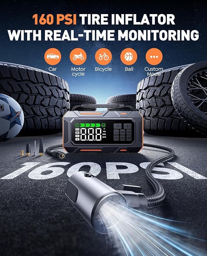 Portable Jump Starter with Air Compressor 8000A 160PSI, 16-in-1 Car Battery Jump Starter with Emergency Kit, Auto-Shutoff Tire Inflator, Jumper Cables, Jump Box Car Battery for All Gas/14L Diesel