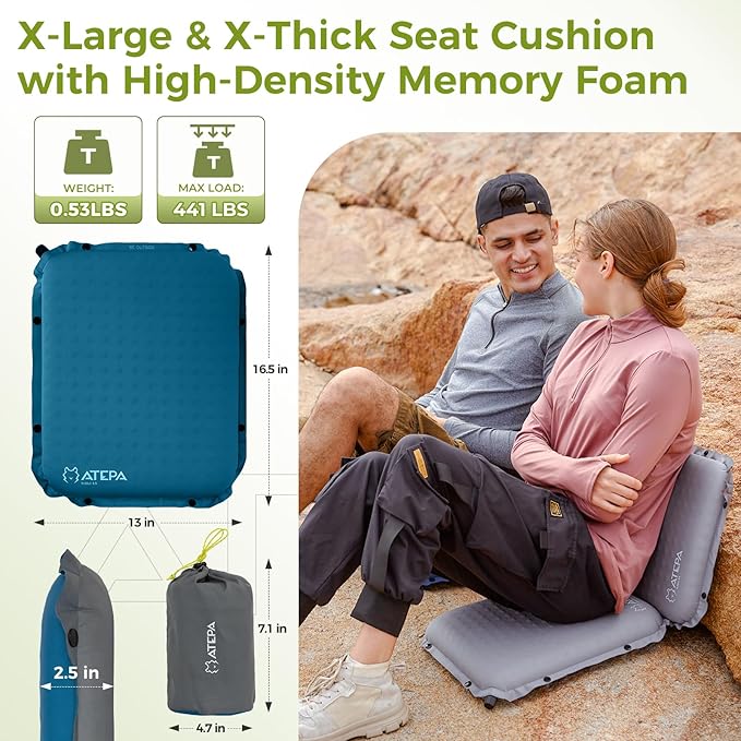 ATEPA Inflatable Seat Cushion, Compact Self-Inflating Seat Cushion for Stadium Airplane Air Travel Bleacher Camping, Blow Up Foam Seat Pad for Outdoor Sports Events Backpacking Hiking Sitting