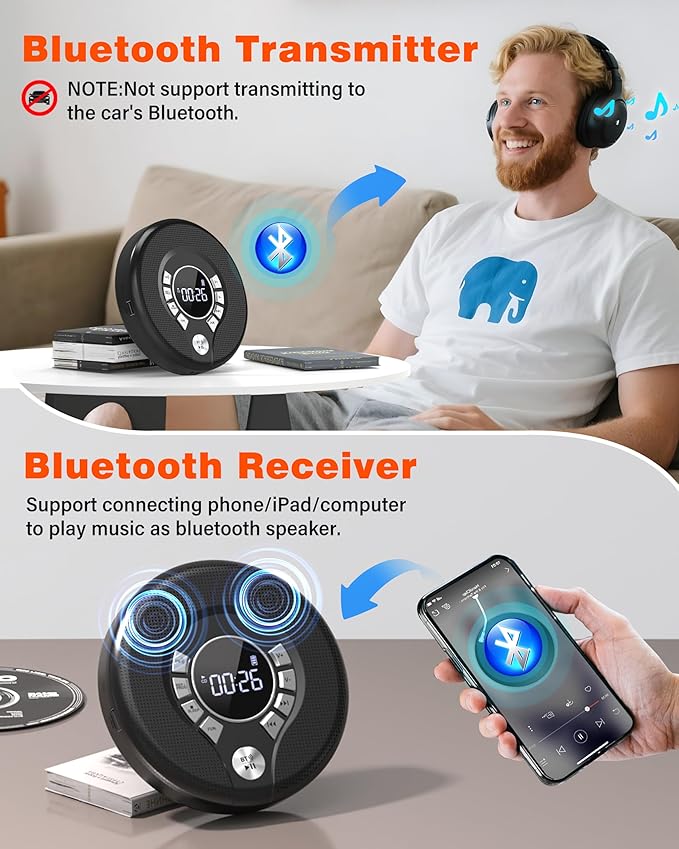 Greadio Portable Bluetooth CD Player with 2000mAh Rechargeable, Personal CD Player for Car with FM Transmitter/AUX, CD Discman Player with Headphone, 120s Anti-Skip, USB Port, Backlight (Black)