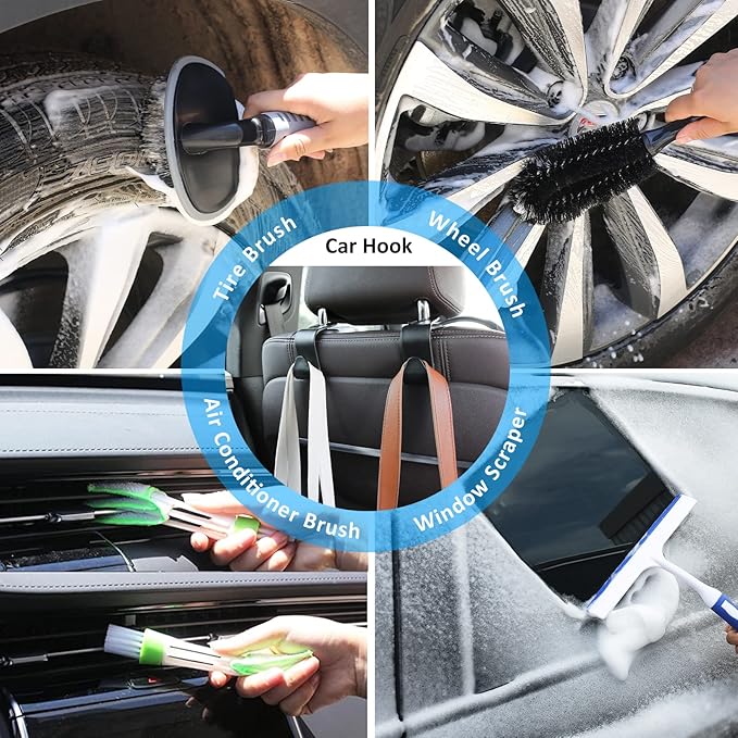 41Pcs Car Cleaning Wash Kit Interior Detailing Cleaner Kit with High Power Handheld Vacuum, Collapsible Bucket, Windshield Tool, Snow Shovel, Tire Brush, Complete Car Care Tools, Black