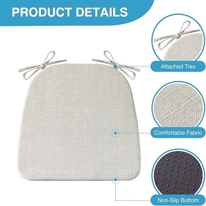 IASEAHK Chair Cushions for Dining Chairs Set of 2, Non Slip Kitchen Chair Pads, 17" x 16" x 2", Indoor Dining Chair Cushions with Ties, D-Shaped Seat Cushions for Kitchen Chairs, Beige