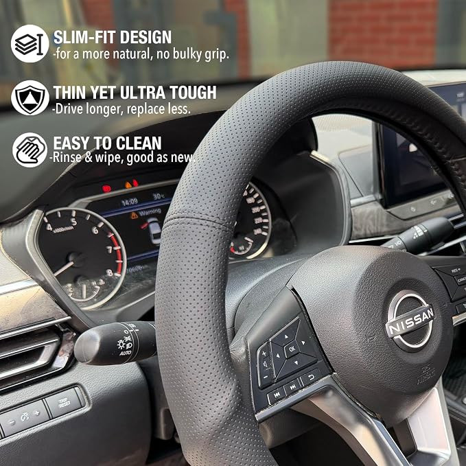 PINCTROT D Shaped Nappa Leather Steering Wheel Cover with Ergonomic Palm Support Grip, Full Perforated Breathable, Slim Fit No Bulk Design, Flat Bottom 14.5-15 Inch (Black)