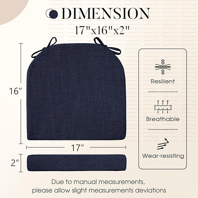 Basic Beyond Chair Cushions for Dining Chairs with Ties and Removable Cover, 2" Thick Seat Cushions for Kitchen Chairs, Set of 6, 17" x 16", Navy