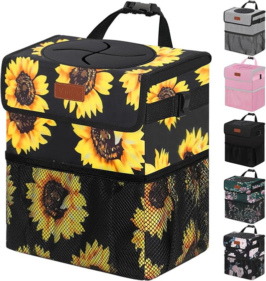 Vankor 3 Gallons Car Trash Can with Lid, Car Bag Bin Hanging Waterproof Automotive Garbage Cans Leak Proof Vehicle Trash Can Sunflower