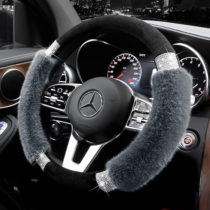 Achiou Rhinestone Fluffy Steering Wheel Cover - Comfortable Non-Slip Luxury Faux Wool, Universal Fit for 14.5" to 15" Steering Wheels