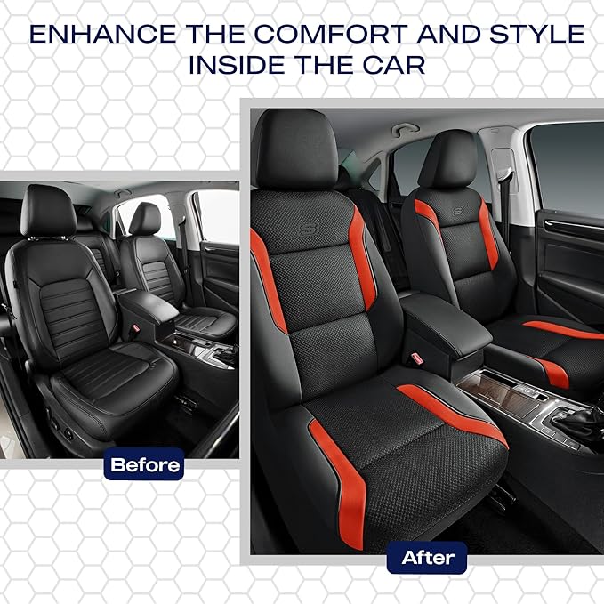 Skechers Memory Foam Leather Car Seat Covers, Air Cool Mesh Thick Seat Covers, Car Seat Covers Front Seats, Airbag Compatible, Automotive Comfort for Most Cars, Vans, Trucks, SUV,Orange