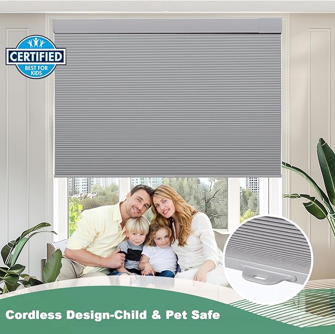 Tonature No Drill Cellular Shades for Indoor Windows, Thermal Insulating & Noise Reducing Honeycomb Blinds, Free Stop Cordless Blackout Shades, Grey,25 1/2" W x 80" H