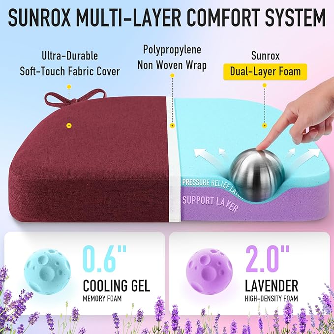 SUNROX Cooling Gel Memory Foam Chair Cushions, 2.6" Thick U-Shaped Dual-Layer Comfort Dining Chair Pads, Non Slip Seat Cushion with Ties for Indoor Kitchen Office 17"x16" Set of 8, Burgundy