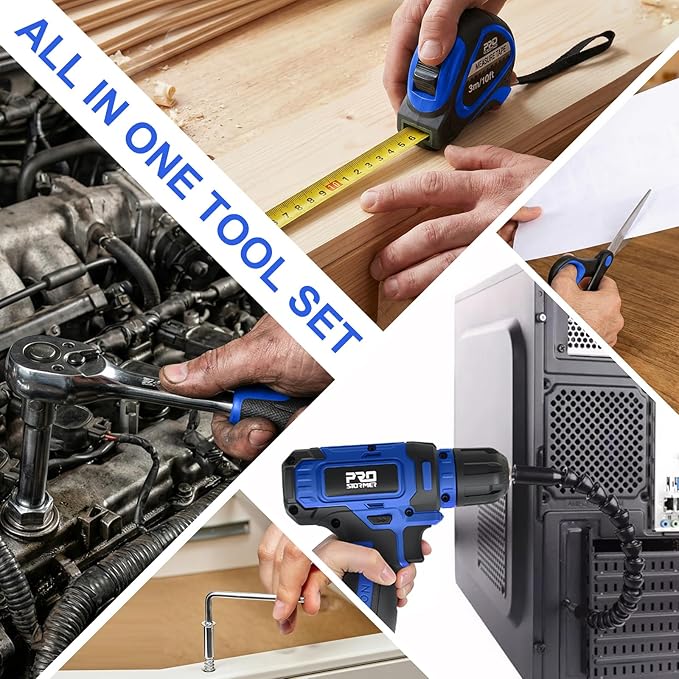 Prostormer Tool Set with 8V Cordless Drill, 369-Piece Home Tool Kit with Drill Driver, Toolbox Storage Case with Drawer, General Household Tools for Home Repairs and DIY, Handyman (Blue)