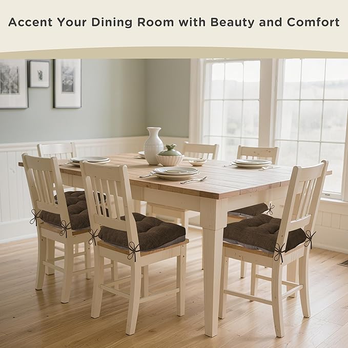 AddGrace Chair Cushions for Dining Chairs Set of 2 Kitchen Seat Cushions with Ties and Non Slip Backing Tufted Indoor Seat Pad for Kitchen Dining Room 18" x 17" x 3" Coffee
