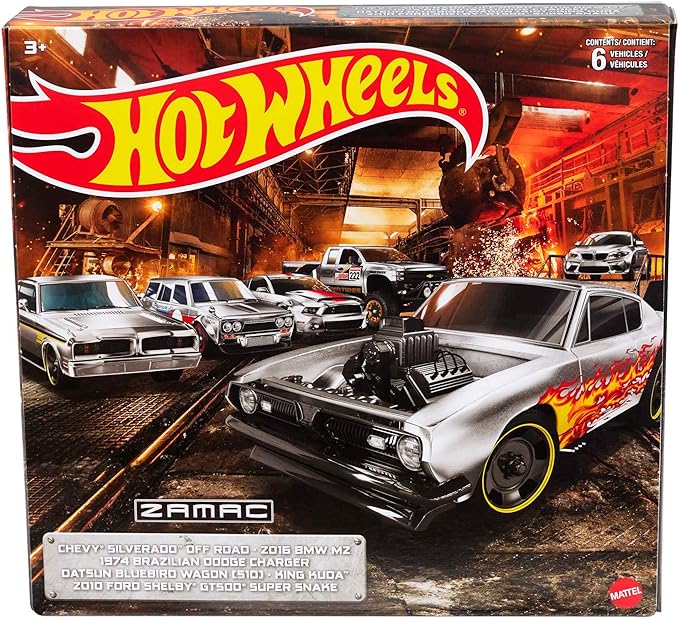 Hot Wheels Zamac Multipacks of 6 Toy Cars, 1:64 Scale, Authentic Decos, Popular Castings, Rolling Wheels, Gift for Kids 3 Years Old & Up & Collectors