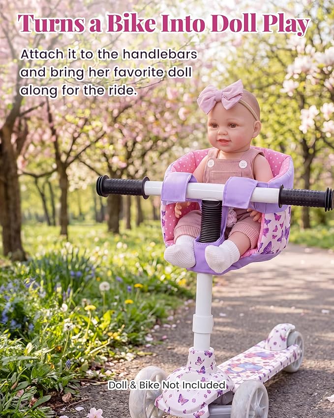BABESIDE Doll Bike Seat for 12 Inch Dolls, Butterfly Doll Carrier for Kids Bike and Scooter, Baby Doll Accessories for Outdoor Play, Doll Bicycle Seat Gift for Girls Age 3+