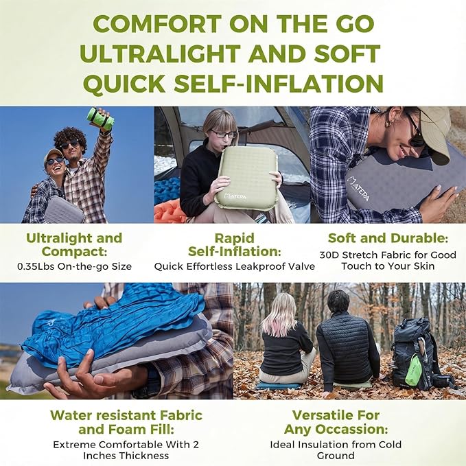 ATEPA Inflatable Seat Cushion, Compact Self-Inflating Seat Cushion for Stadium Airplane Air Travel Bleacher Camping, Blow Up Foam Seat Pad for Outdoor Sports Events Backpacking Hiking Sitting