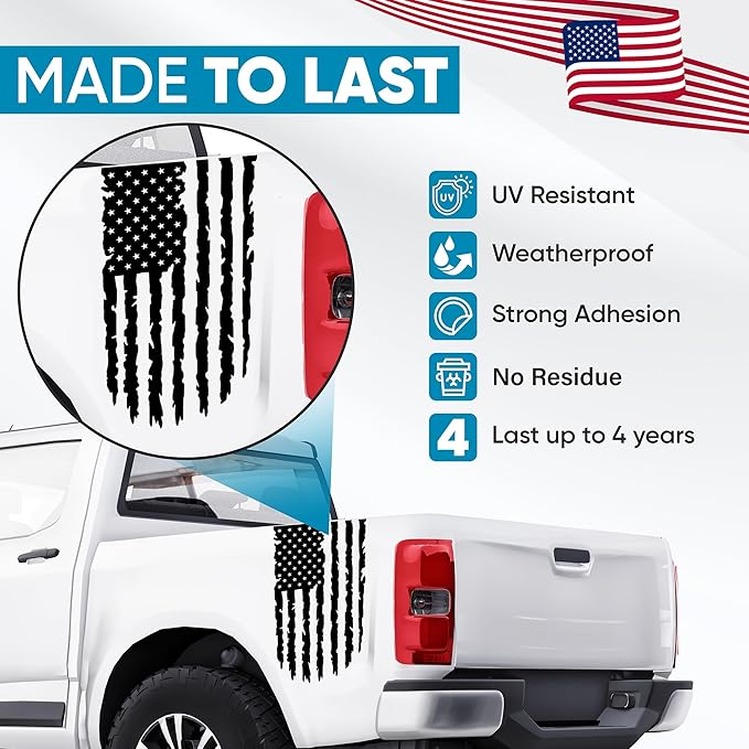 GRITKULTURE Distressed American Flag Vinyl Decal 17 inches by 9 inches for Trucks, Cars, and Windows Compatible with Most Pickup- Rear Graphic USA, US Flag Car Sticker (Black)