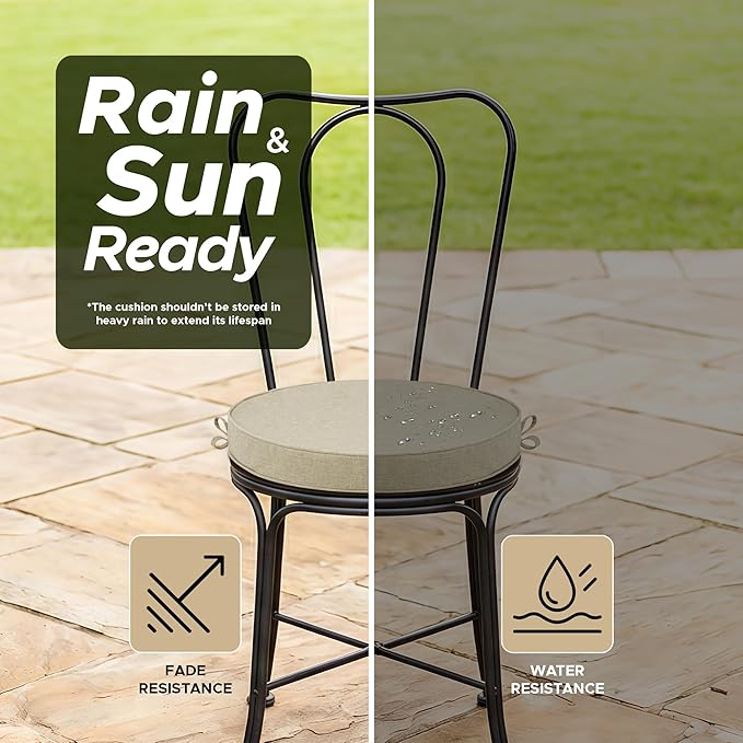 Outdoor Round Chair Cushions 15 Inch, Fade-Resistant & Water-Resistant, Bistro Chair Seat Pads for Porch Garden Balcony Patio Furniture Stools, Non-Slip Bottom, Set of 2, Beige