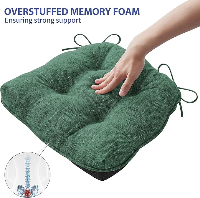 IPYNBAP Chair Cushions for Dining Chairs Set of 4, Kitchen Chair Cushions, Chair Pads with Ties Non Slip Backing, Christmas Room Decor, Tufted Memory Foam Seat Cushion 4 Pack, 18"x18"x4", Dark Green