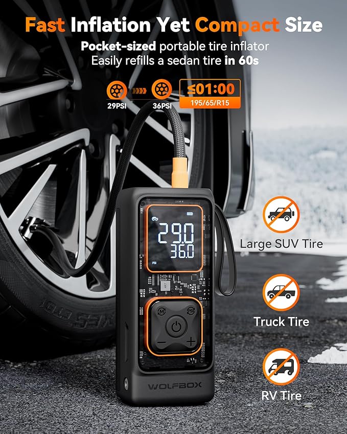 WOLFBOX Cordless Tire Inflator Portable Air Compressor, 150PSI Air Pump for Car Tires, Motorcycle, Bicycle & Ball, with Smart Digital Pressure Gauge, Auto Shut-Off & LED Flashlight