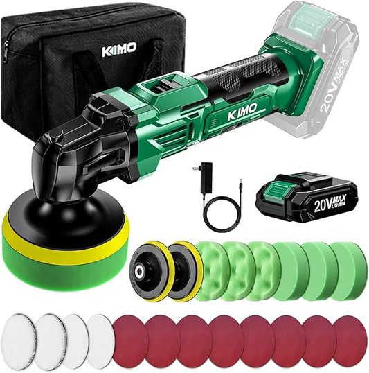 KIMO 20V Cordless Buffer Polisher Kit, 25Pcs Polishing Kit, 6 Speeds to 6000RPM Cordless Polisher with 2000mAh Battery, 4 Inch Buffer Polisher for Car, Motorcycle, Truck Detailing, Scratch Remover