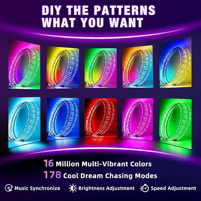 Tavaray 4PCS 17" RGB LED Wheel Ring Lights with APP & Remote Control, 178+DIY Dynamic Modes w/Turn Signal Braking and Reverse Function, IP67 Waterproof Wheel Lights for Trucks Pickups Cars Offroad