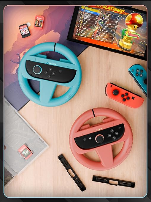 Orzly Steering Wheels Compatible with Nintendo Switch 2 (2025 Console) Twin Pack Racing Wheel Accessories for Joy Con Controllers and MarioKart Racing Games (1 Red 1 Blue) Gift Boxed