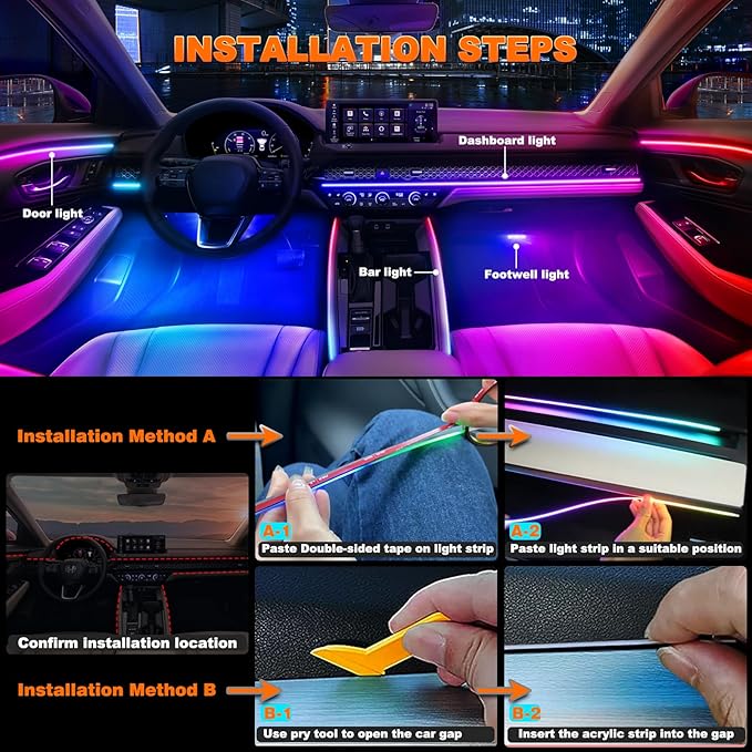 Jushope Interior Car LED Strip Lights, Acrylic LED Lights for Car with Dynamic Dreamcolor Chasing, Ambient Lighting Kits Music Sync Wireless APP and RF Remote Control (43.5+14.5'')