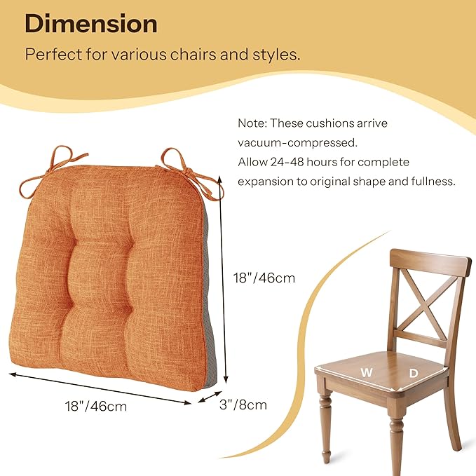 Non Slip Chair Cushions for Dining Chairs Set of 4 Kitchen Chair Cushions 18"x18"x3" Turfted Chair Pads Comfortable and Soft Seat Cushion with Ties, Orange