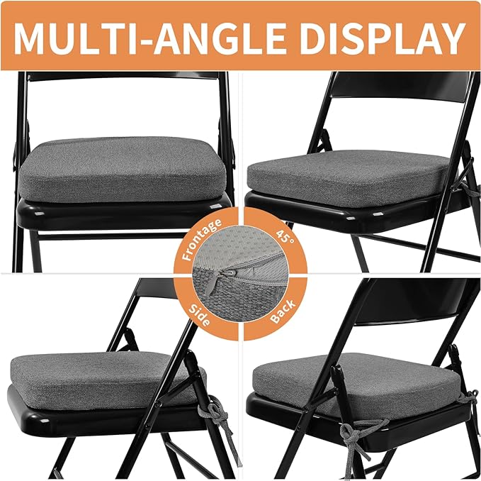 SINOSSO Memory Foam Chair Cushion for Folding Chair 1 Pcs, Thickened 2" Square Kitchen Chair Pad with Ties, Indoor Non-Slip Dining Chair Seat Cushion (1 Piece, Dark Grey)