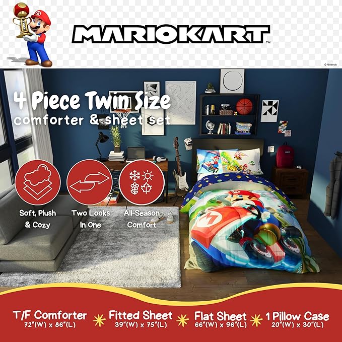 Super Mario Kart Game Kids Bedding Set, Twin Size, 4-Piece Super Soft Cozy Reversible Comforter & Sheet Set (Officially Licensed Product) by Franco | Durable, Reversible, Officially Licensed
