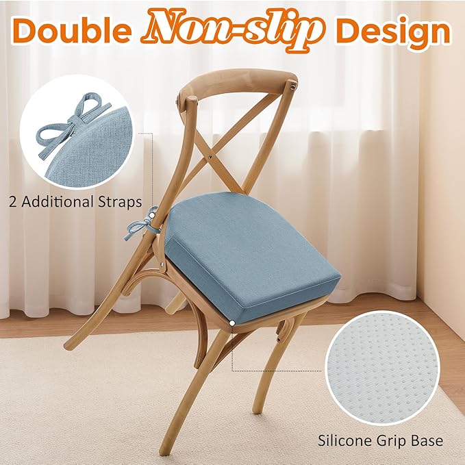 downluxe Chair Cushions for Dining Chairs, Memory Foam Linen Kitchen Chair Pads with Ties, Waterproof, Stain-Resistant and Washable Cover, 17" x 16" x 2.5", Light Blue, 6 Pack