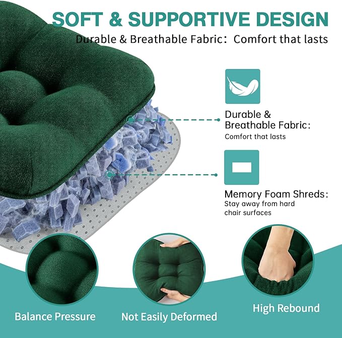 BETU Chair Cushions for Dining Chairs Set of 4,3.5" Thick Kitchen Table Chair Pads with Ties,Non Slip Backing and Covers, Seat Cushion for Dining Room,Bar,Patio Chairs,15.5"X15.5"X3.5",Dark Green