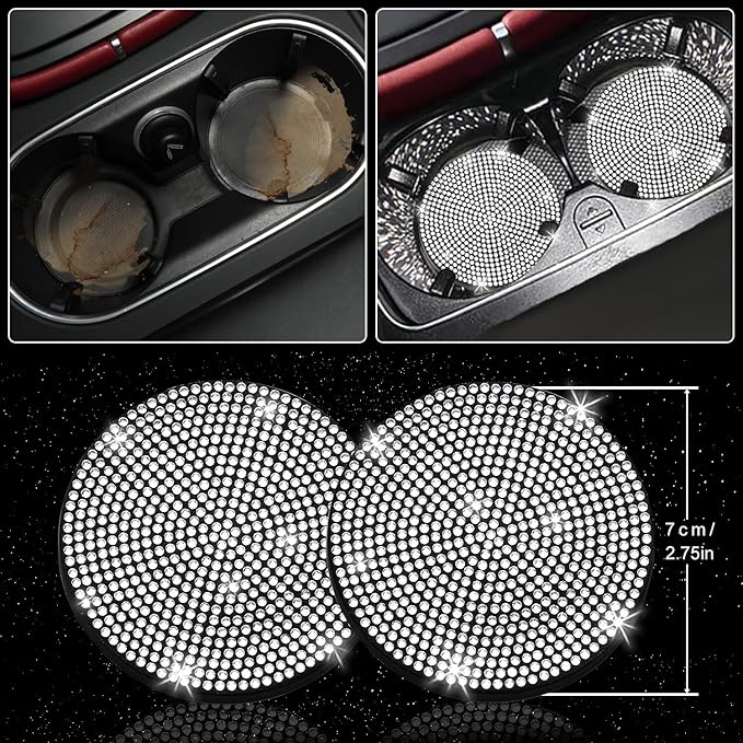 NBTEPEM 12 Pcs Bling Car Accessories Set for Women Car Floor Mats Full Set Steering Wheel Cover Seat Belt Covers Coasters Universal Fit Car SUV Truck Van Silver