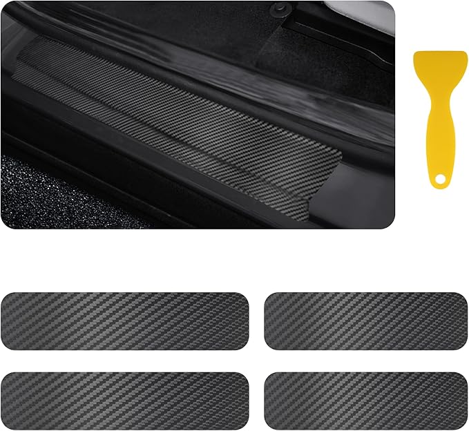 4PCS Car Door Sill Protector with Scraper,Carbon Fiber Car Door Protector Edge Guards for Front Rear Door Sills,Universal Anti-Scratch Car Door Threshold Strips (4D Black)