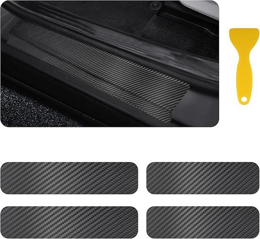 4PCS Car Door Sill Protector with Scraper,Carbon Fiber Car Door Protector Edge Guards for Front Rear Door Sills,Universal Anti-Scratch Car Door Threshold Strips (4D Black)