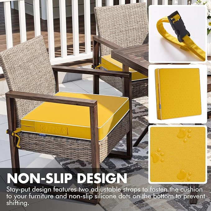 MIULEE Yellow 22 x 22 x 3 Outdoor Chair Cushions Waterproof Patio Chair Cushions with Adjustable Straps Set of 2 for Patio Furniture 3-Year Color Fastness Garden Sofa Couch