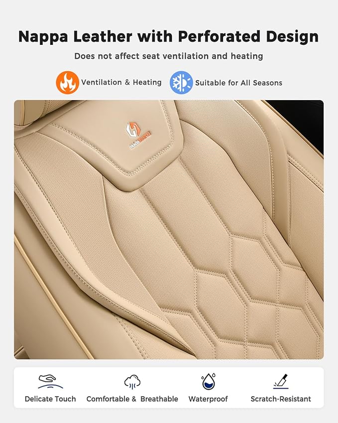 Huidasource Seat Covers Full Set, Universal Fit for Most Cars SUVs Trucks, Full Coverage Leather Automotive Seat Cover, Airbag, Cupholder Compatible, Seat Function Retain, Velcro Adjustable, Beige