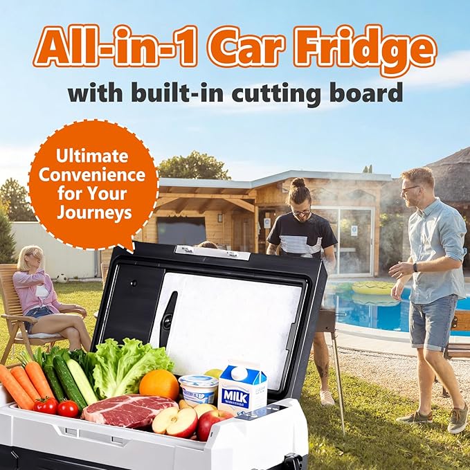 OLIXIS Portable Car Refrigerator, 42QT Dual-Zone Electric Cooler for Vehicles with Wheels & Cutting Board, -4℉-68℉ Freezer Smart Control via Bluetooth, Battery Protection, 12/24V DC & 100-240V AC