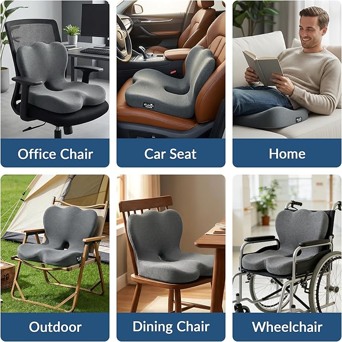 Exclusivo Mezcla Memory Foam Seat Cushion, Ergonomic Tailbone Pain Relief Cushions, Non-Slip Seat Pad for Office Chair and Car Seat, Grey