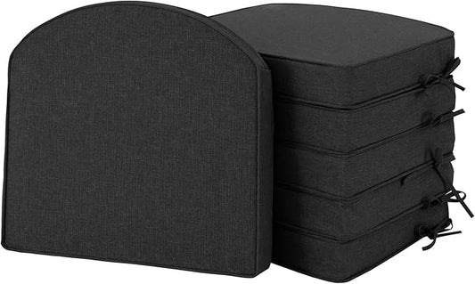 Outdoor Chair Cushions, Fade-Resistant & Water-Resistant, D Shaped Patio Furniture Seat Chair Pads Replacement with Ties, Non-Slip Bottom, Removable Cover, Set of 6, 17 x 16 Inch, Black