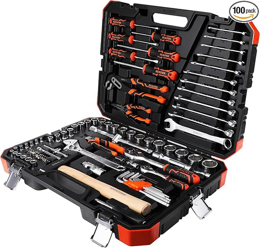 REALTEK 100 Piece Mechanic Tool Set, Car Tool Kit, Cr-V Socket Wrench Auto Repair Kit Includes Socket Accessories, Pliers, Heavy Hammer, Screw Drivers, General Households Tools with Larger Case